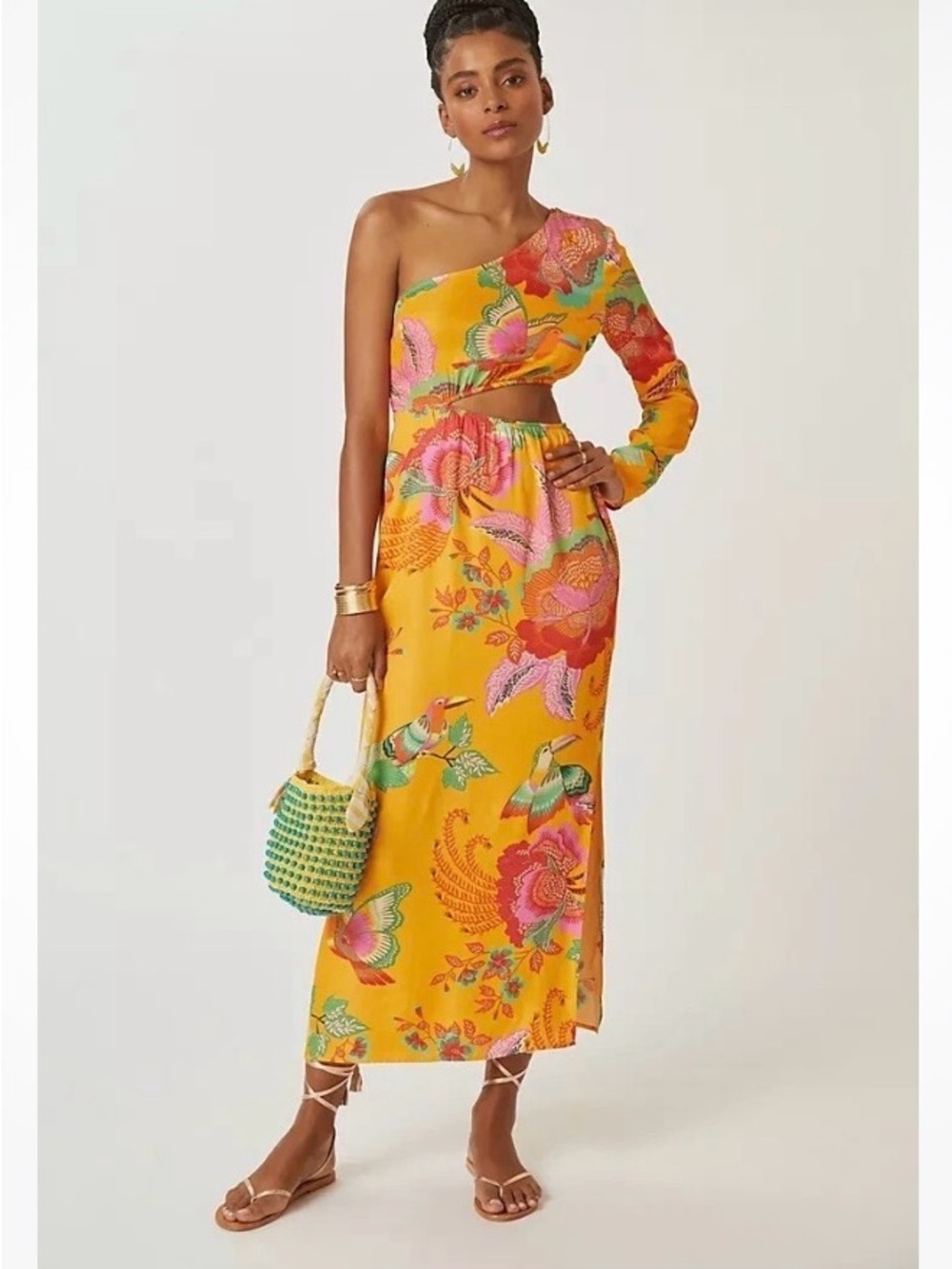 Farm Rio x Anthropologie Tropical Floral Single-Shoulder Printed Maxi Dress M